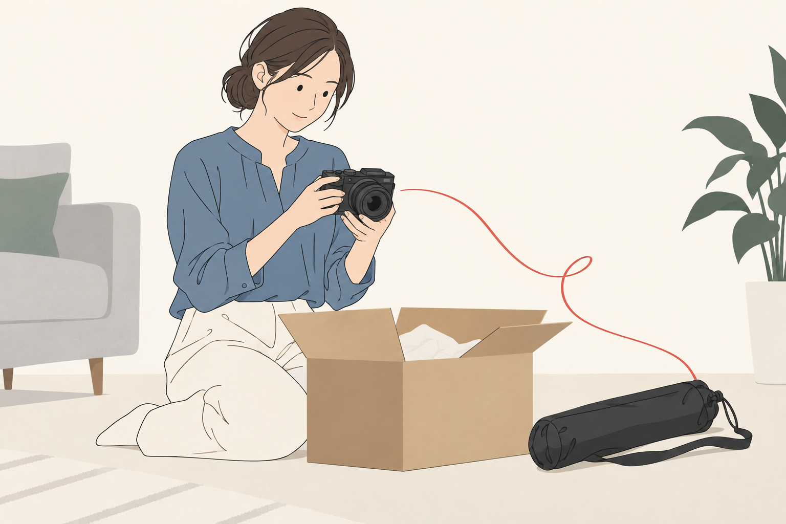 届いたカメラと三脚ケースを確認する人のイラスト