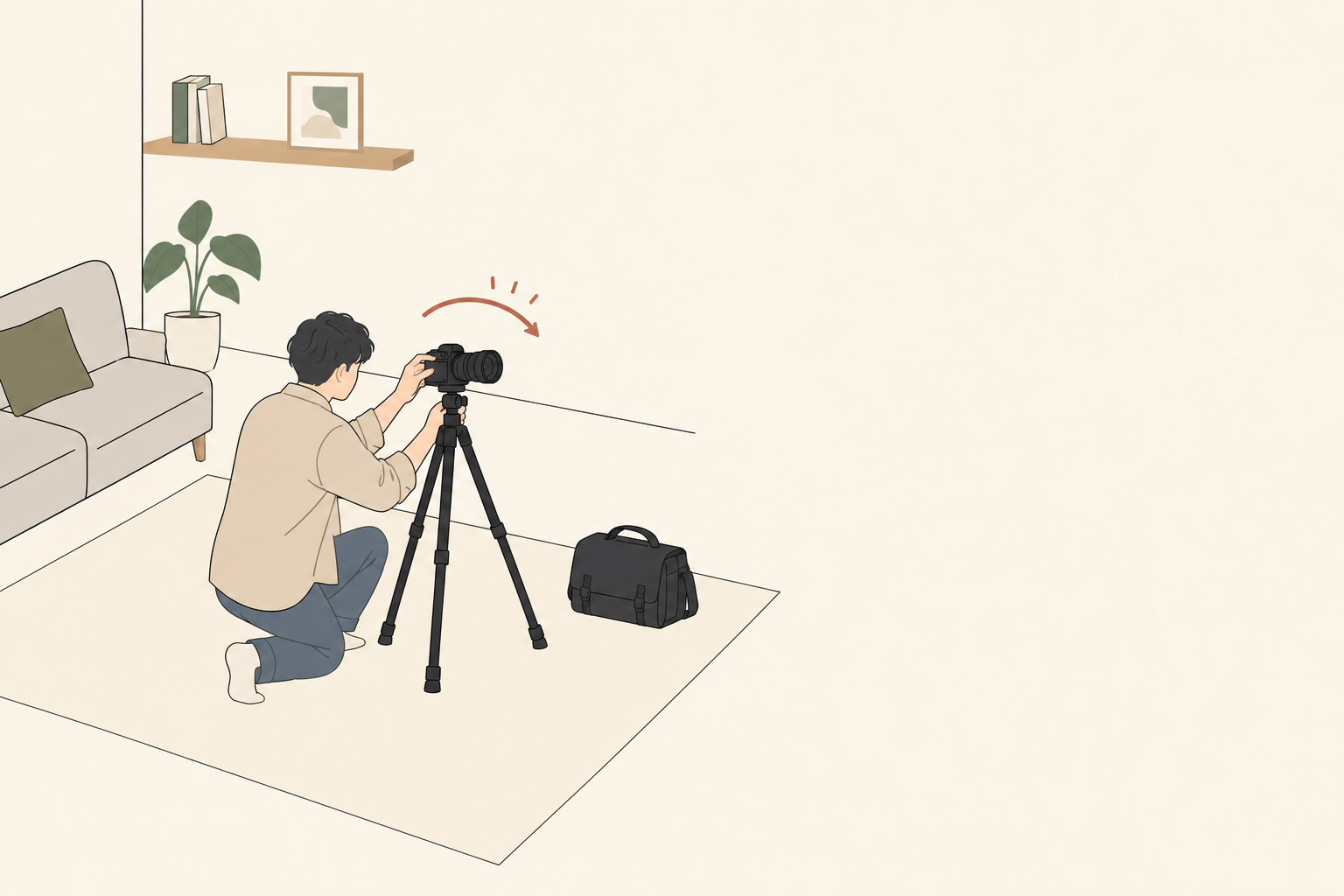 カメラと三脚を室内で準備する人のイラスト