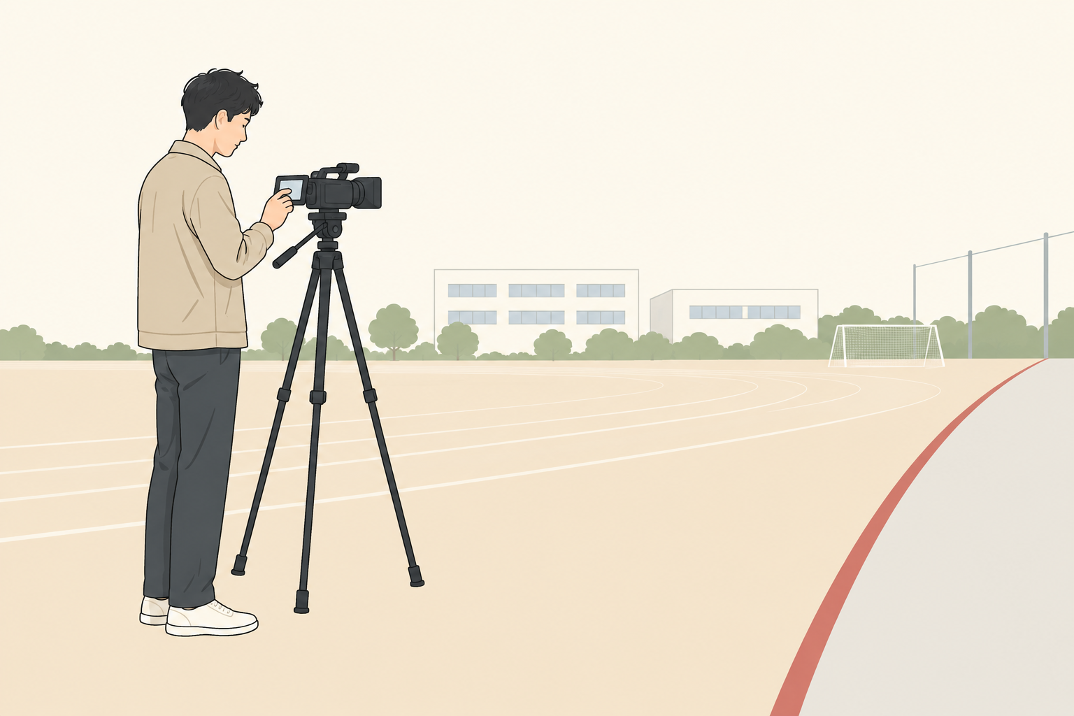 通路から離れた撮影場所で三脚を使う人のイラスト