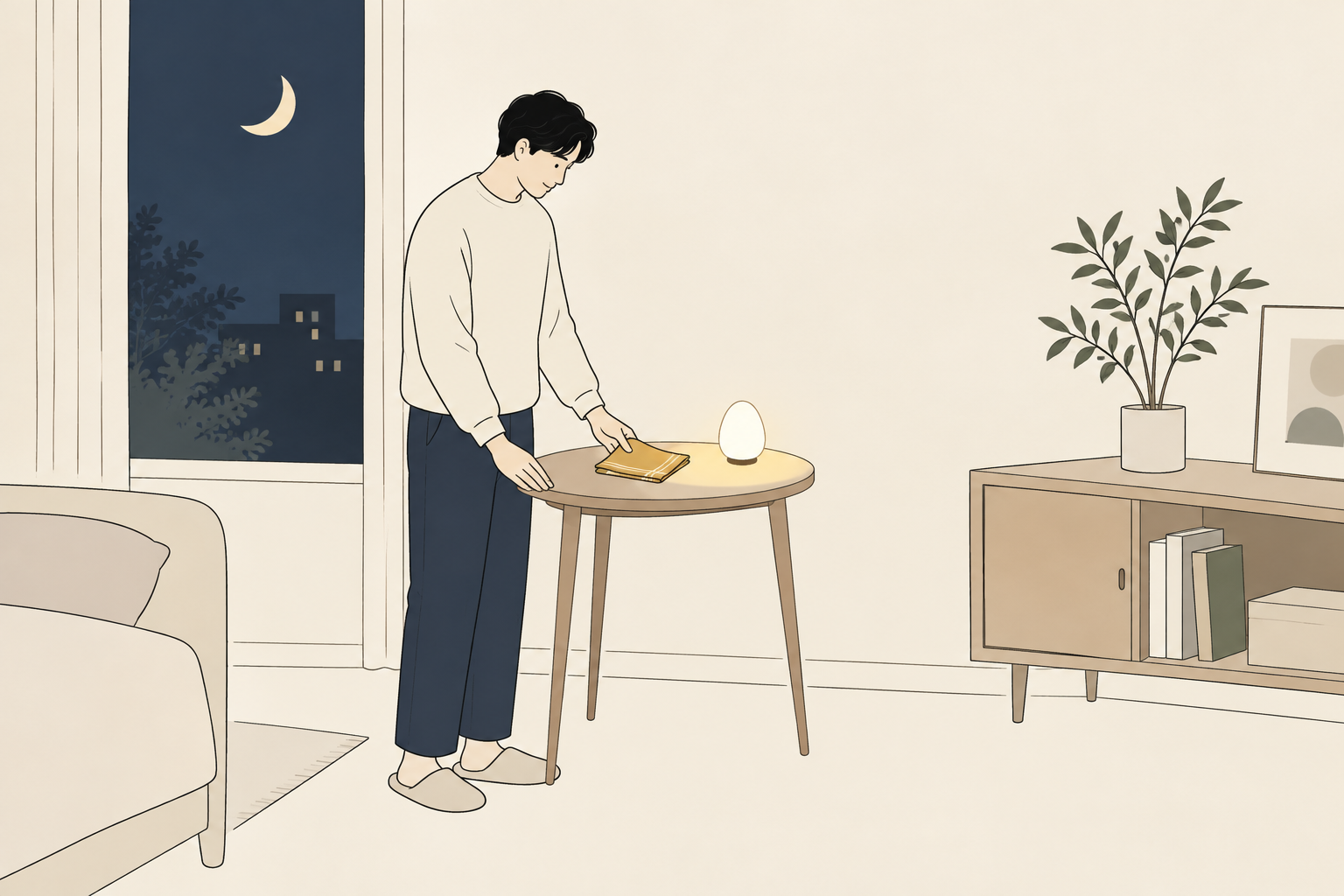 夜の部屋のサイドテーブルで、コードレスの卵型ライトが成人の手元を照らすイメージ