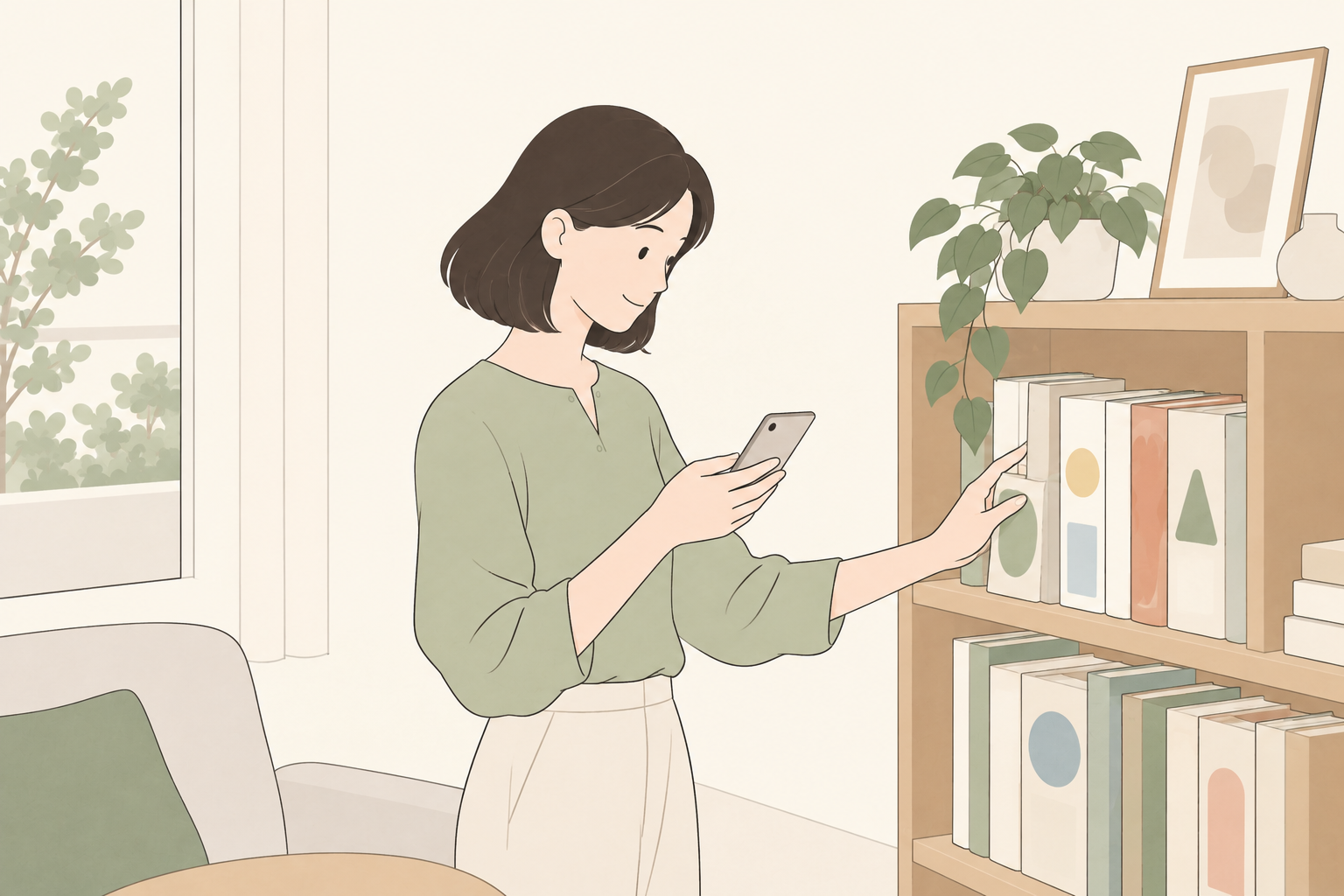 本棚の手持ちとスマートフォンの一覧を確認する成人の一般イラスト