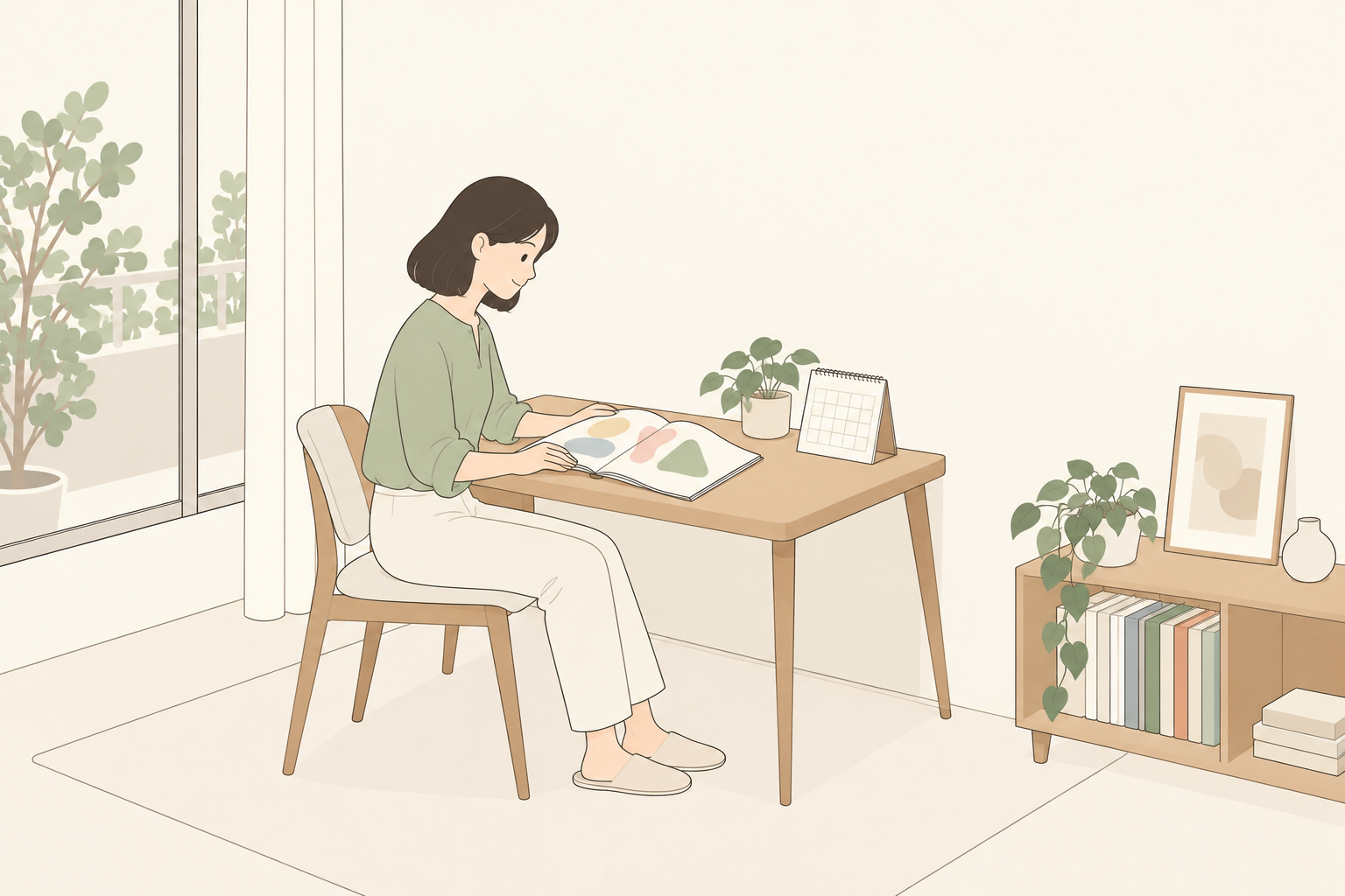 机の絵本とカレンダーを確認する成人の一般イラスト