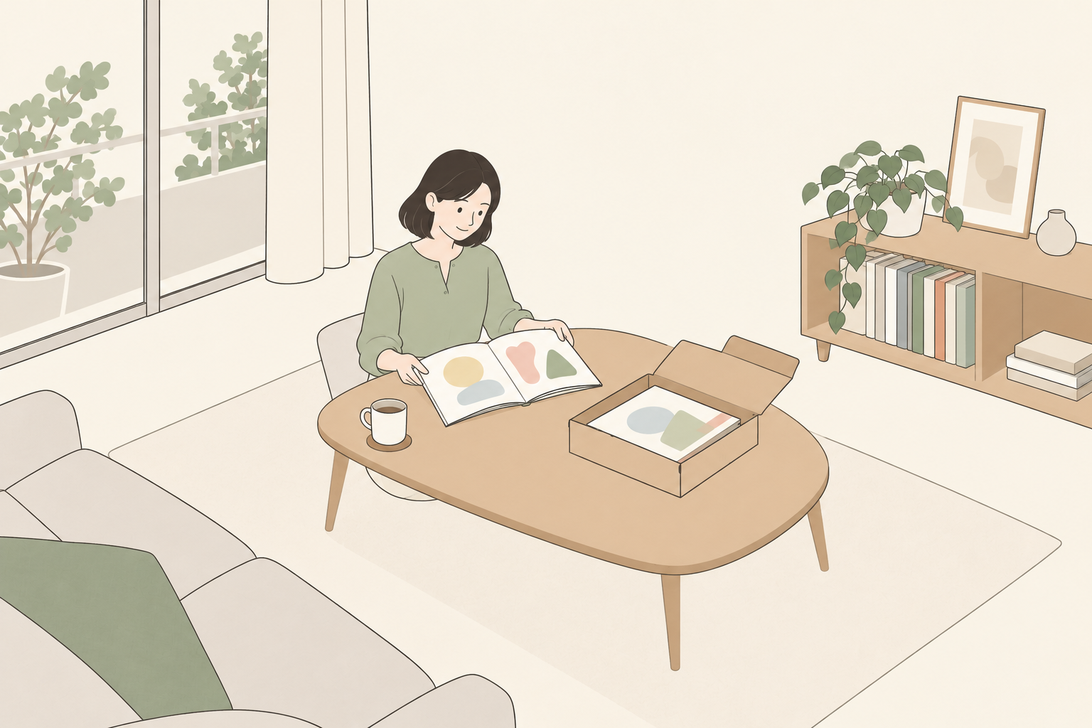 自宅で届いた絵本を開く成人の一般イラスト